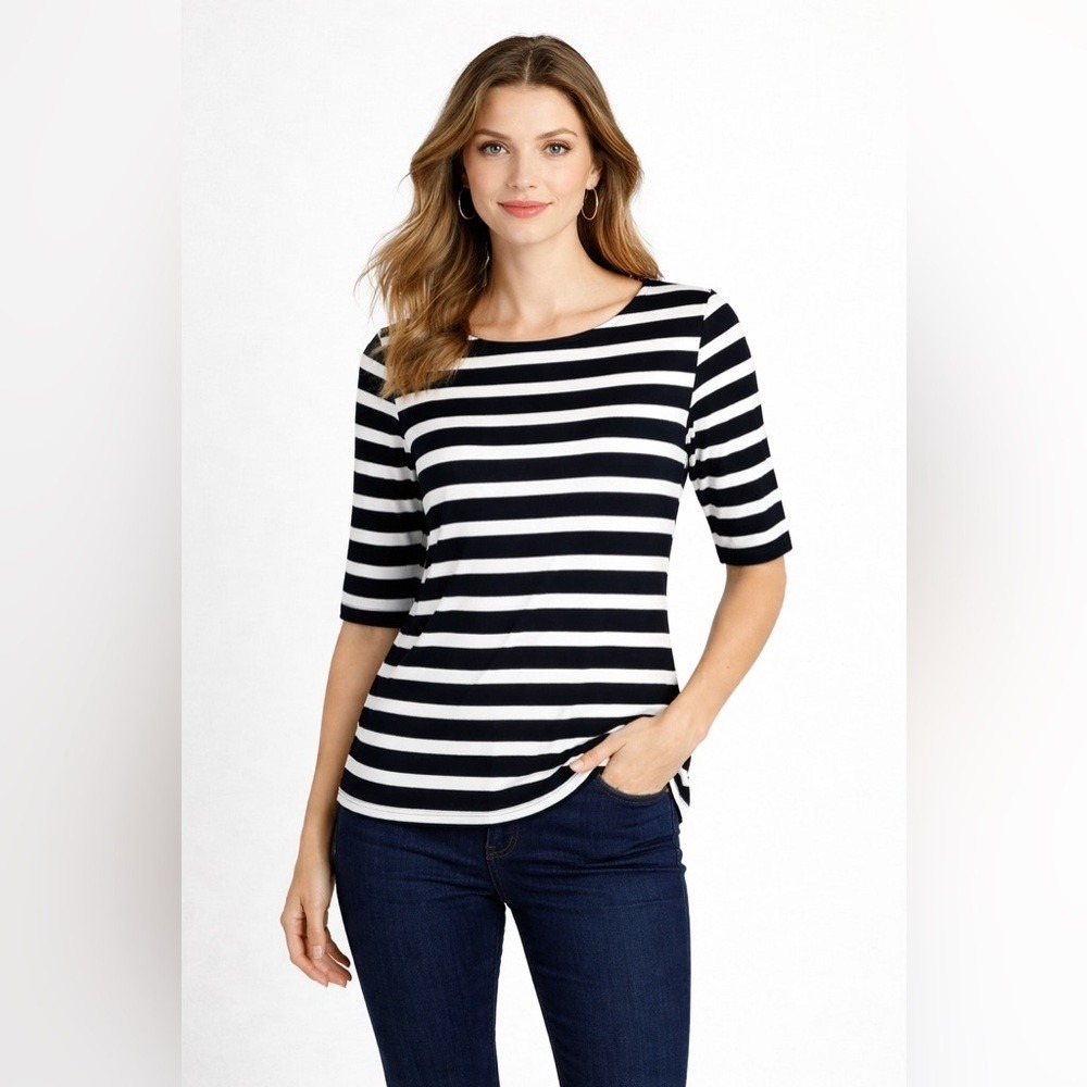 Talbots- Black and White Striped Short Sleeve Top Size SP